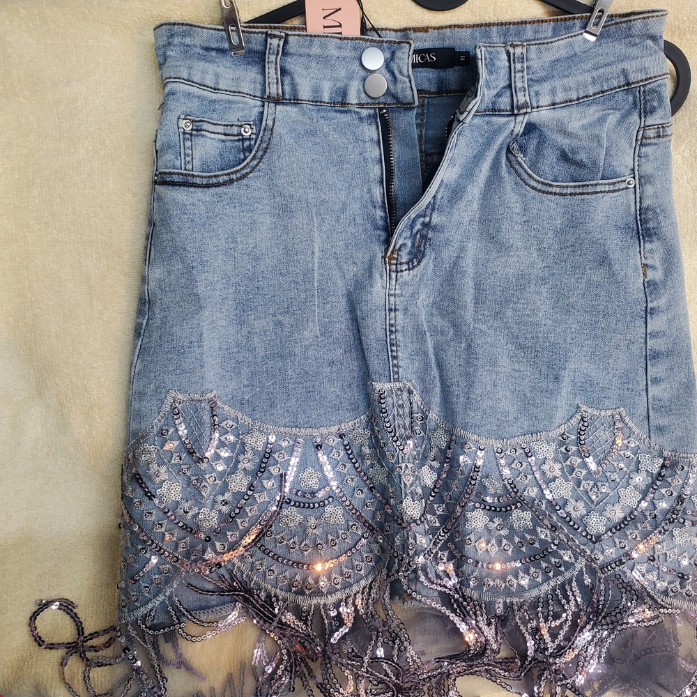 Denim Skirt with Sequin Fringe